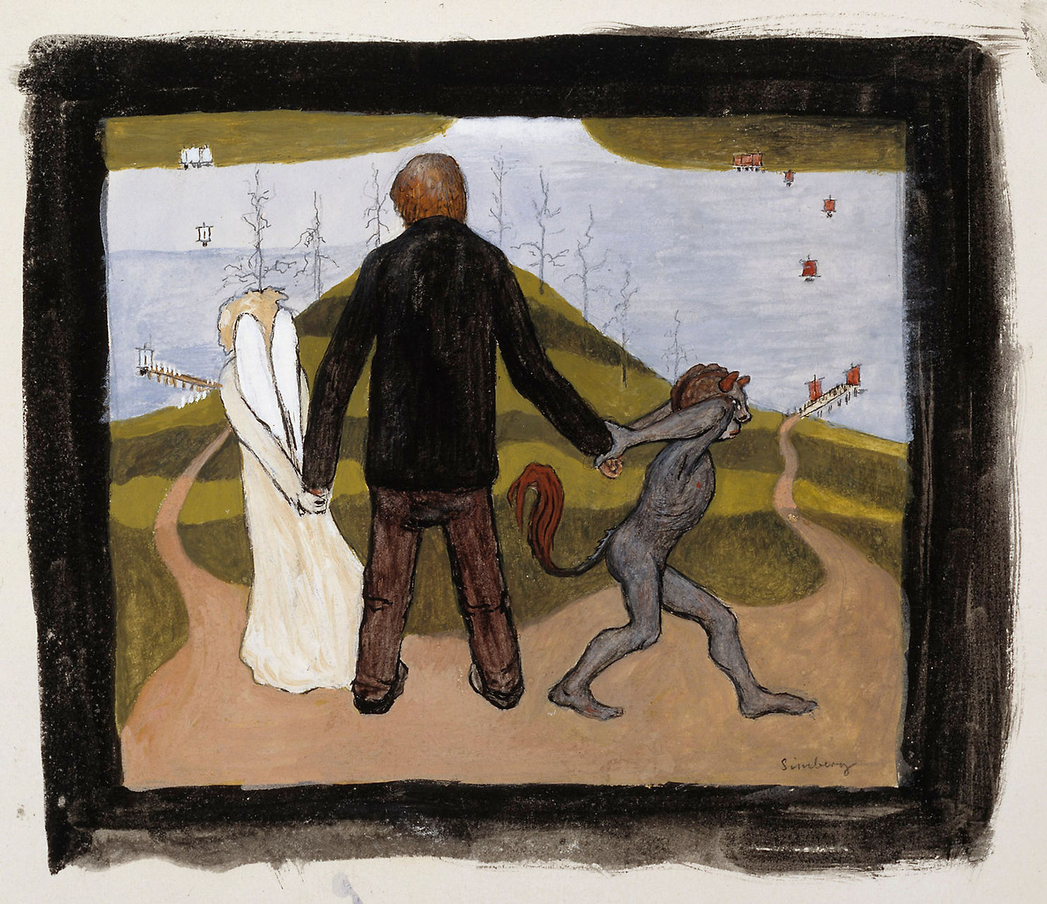 A person in a black coat holds hands with a devilish figure and a bride in white, walking on a path by a lake with distant houses. Hugo_Simberg_-_Tienhaarassa_(1896)
