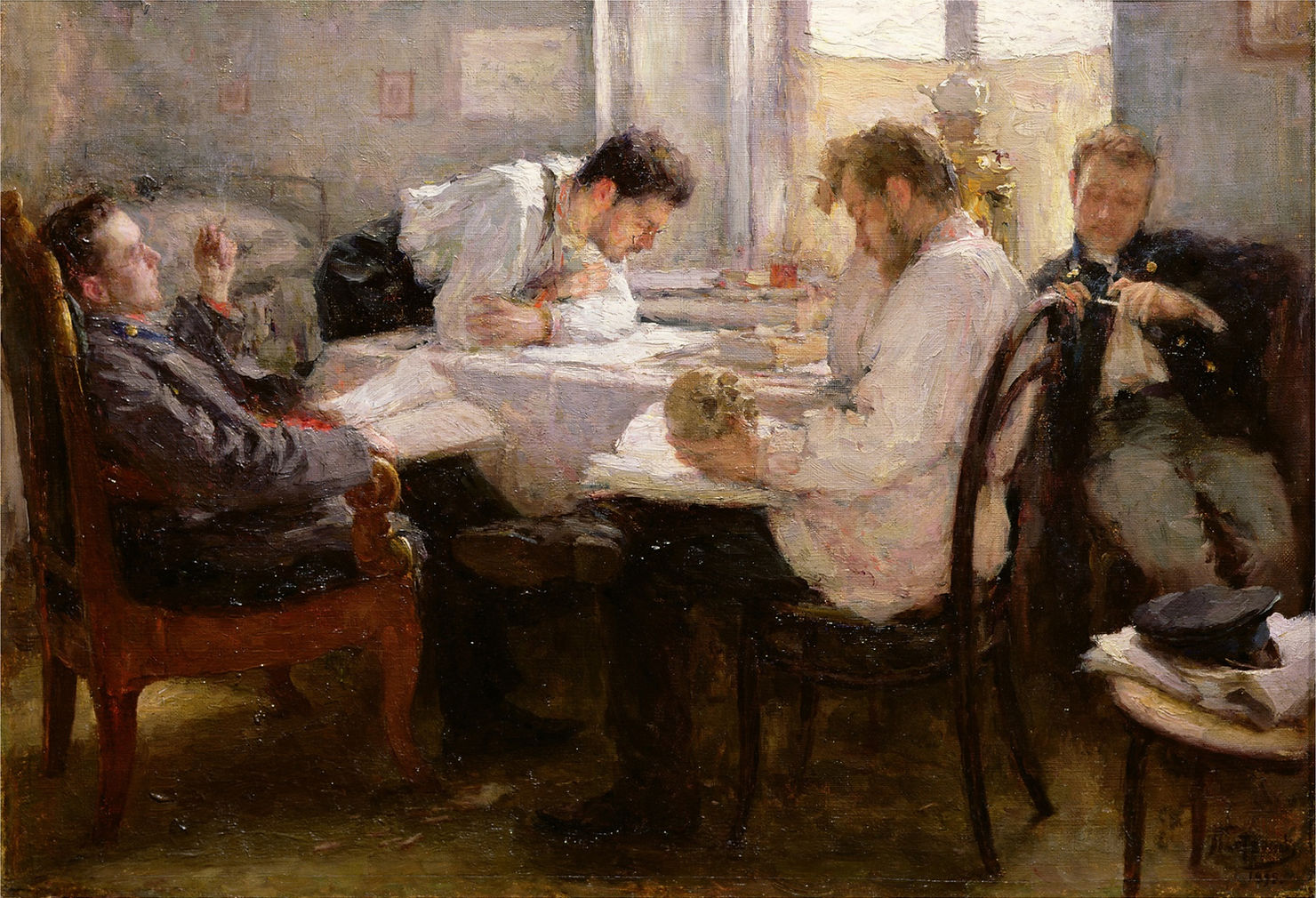 Four men in a room, three at a table with papers and a skull. One leans back, one examines the skull. Soft light, muted tones.
The Night Before The Exam by Leonid Pasternak